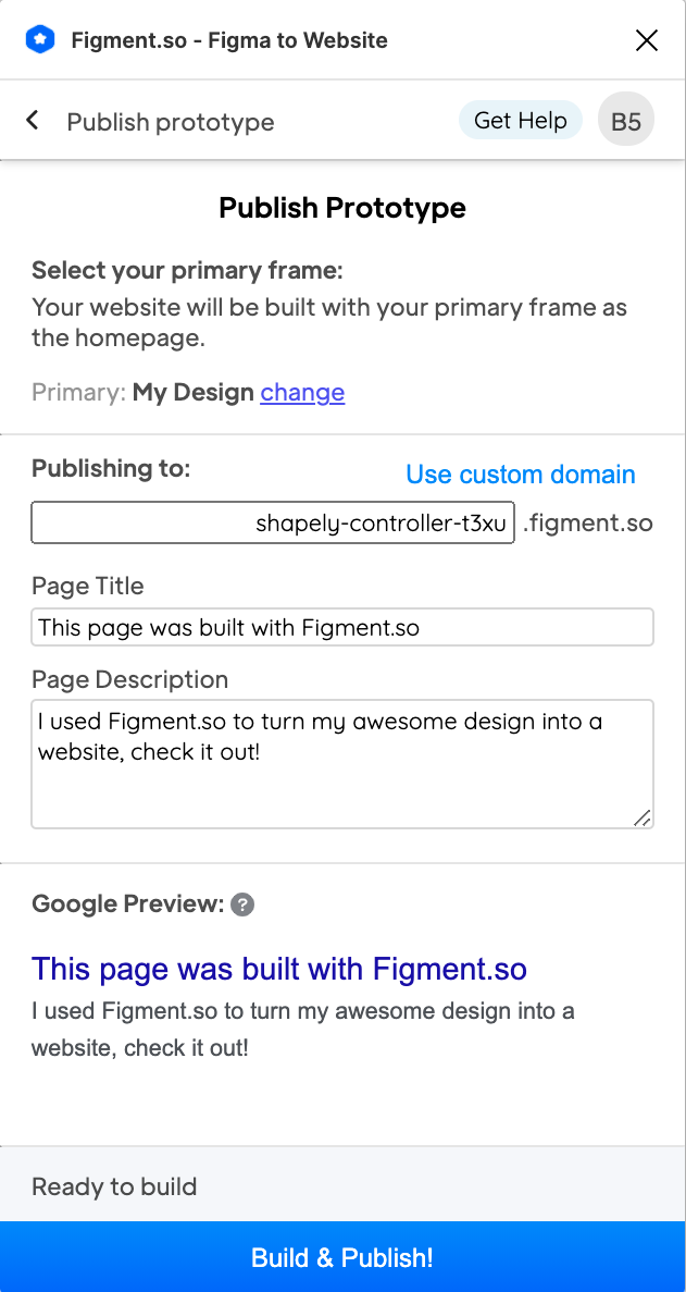The Figment plugin with website publishing, custom domain, and page metadata controls